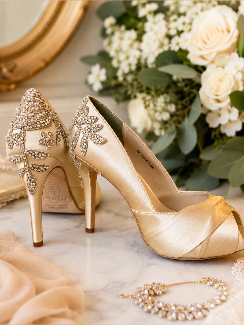 Liz René Couture Champagne Silk Crystal Embellished Peep Toe Heels Bridal